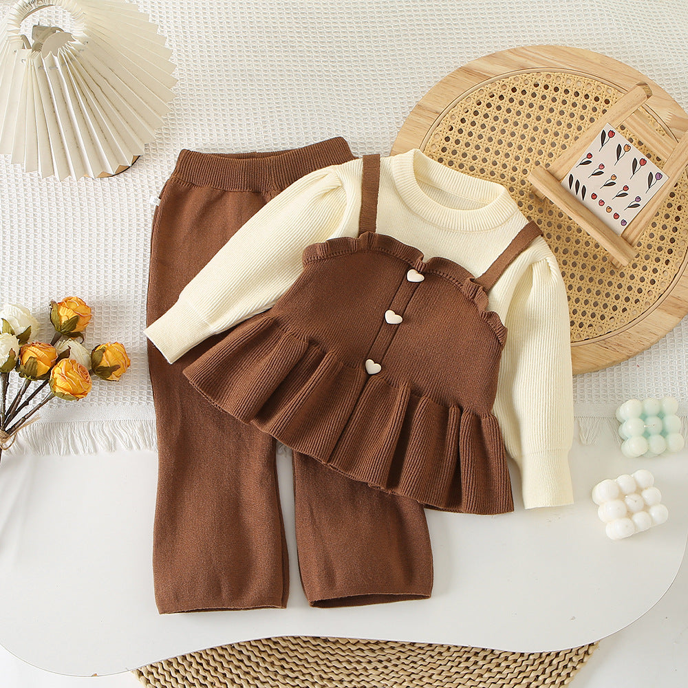 Girls' Fashionable Knit Faux Two-Piece Straight Skirt Set