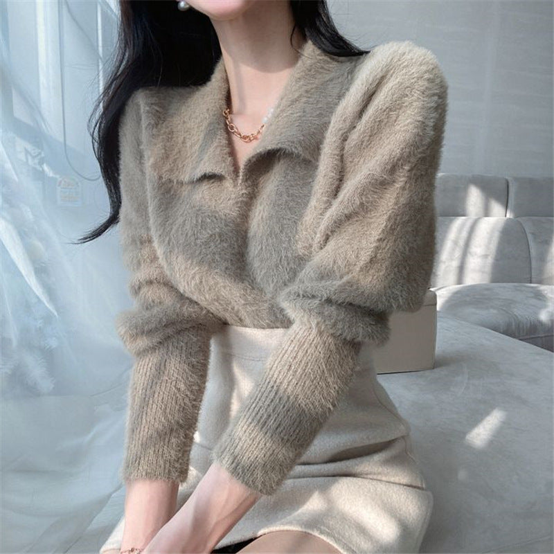 Women's Solid Color Faux Mink V-Neck Polo Collar Short Knit Sweater
