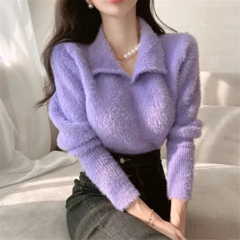 Women's Solid Color Faux Mink V-Neck Polo Collar Short Knit Sweater