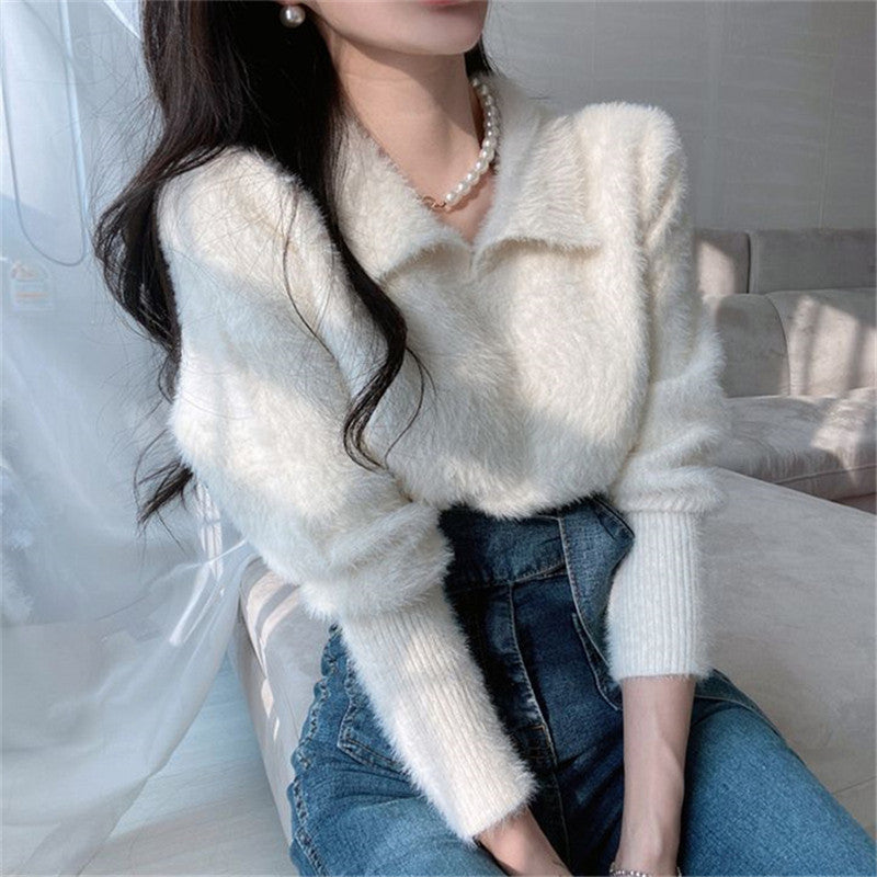 Women's Solid Color Faux Mink V-Neck Polo Collar Short Knit Sweater