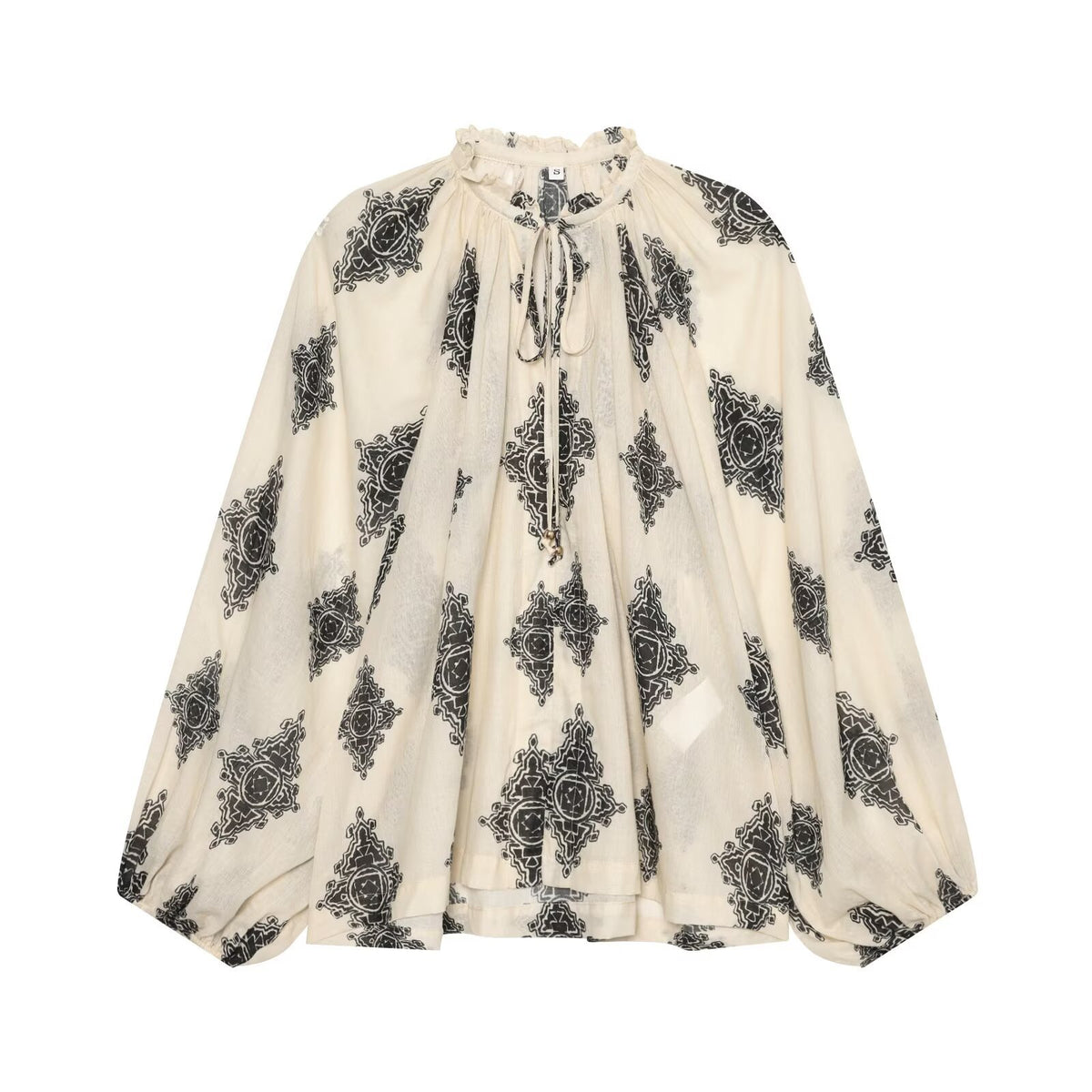 Lace up corridor shaped lantern sleeve printed shirt for women