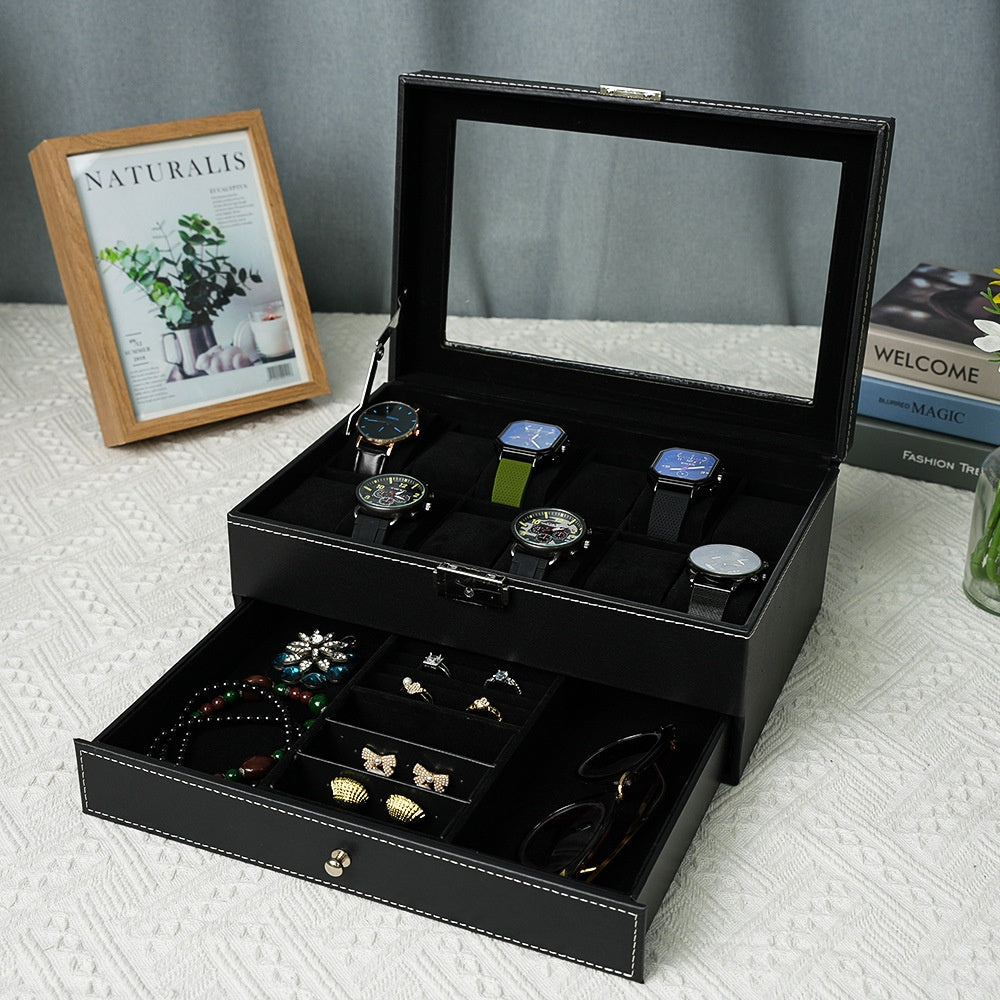 Double layered watch box with open windows transparent large capacity display jewelry storage box