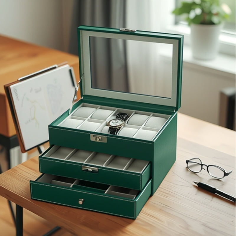 Double layered watch box with open windows transparent large capacity display jewelry storage box