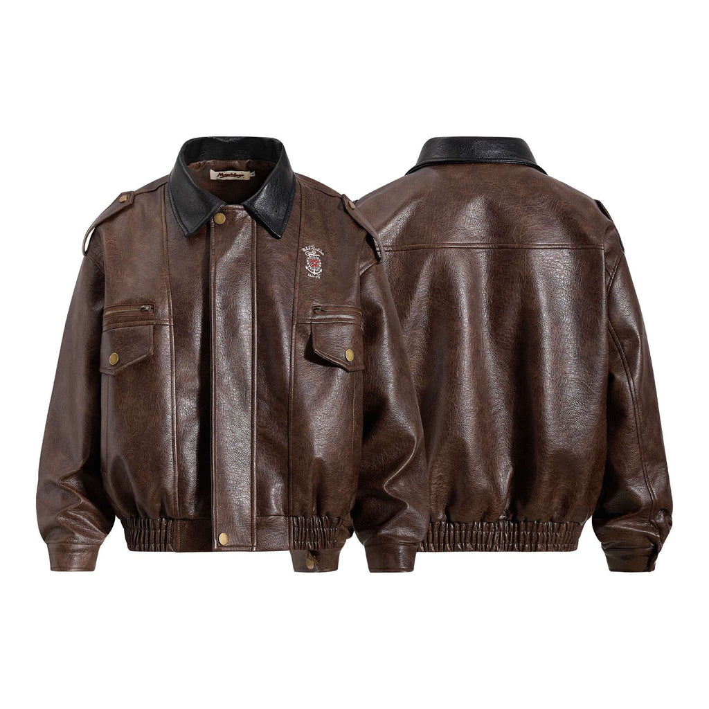 Flip collar vintage PU leather design jacket
