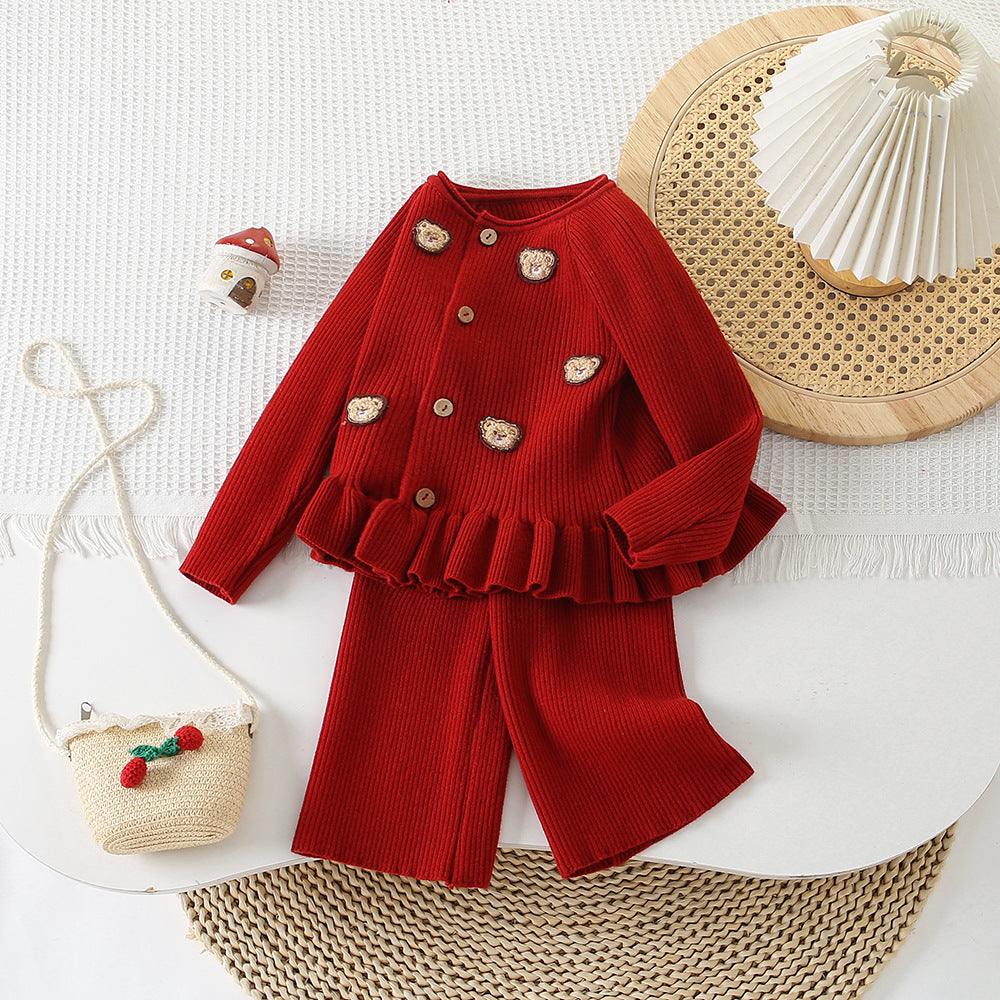 Sweet Bear Print Long Sleeve Sweater Cardigan and Casual Pants Set for Girls