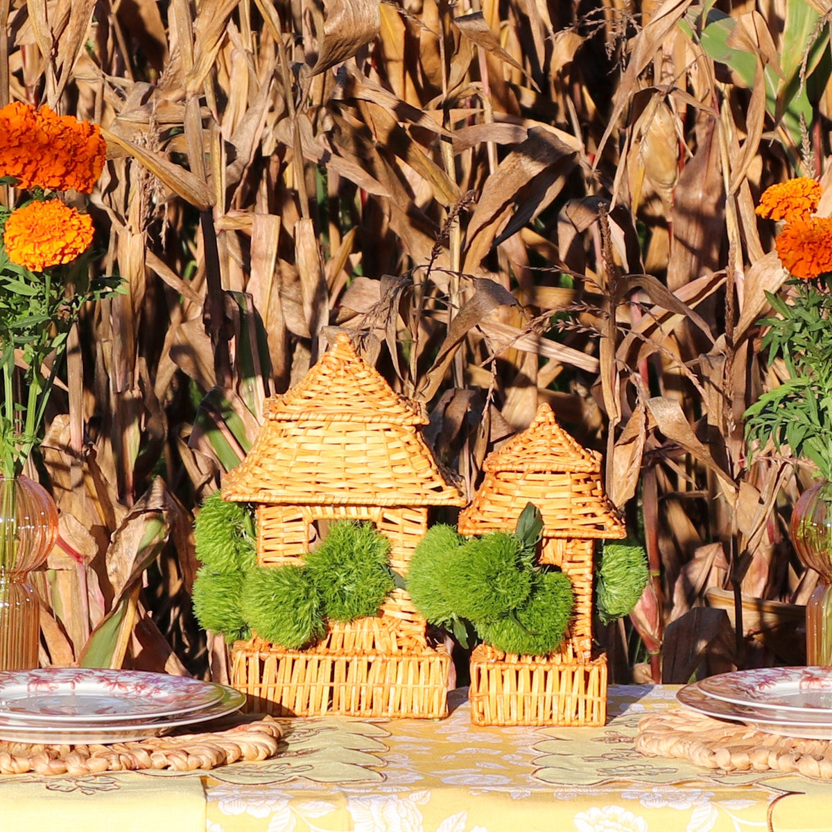 10 (+1 Free Bonus) Small Natural Rattan Pagoda Lanterns - Handmade