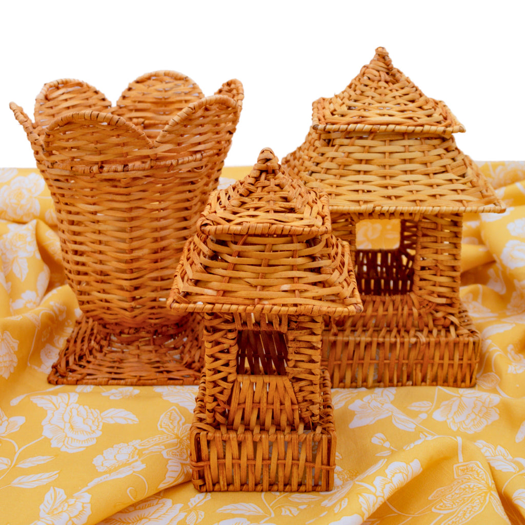 10 (+1 Free Bonus) Small Natural Rattan Pagoda Lanterns - Handmade