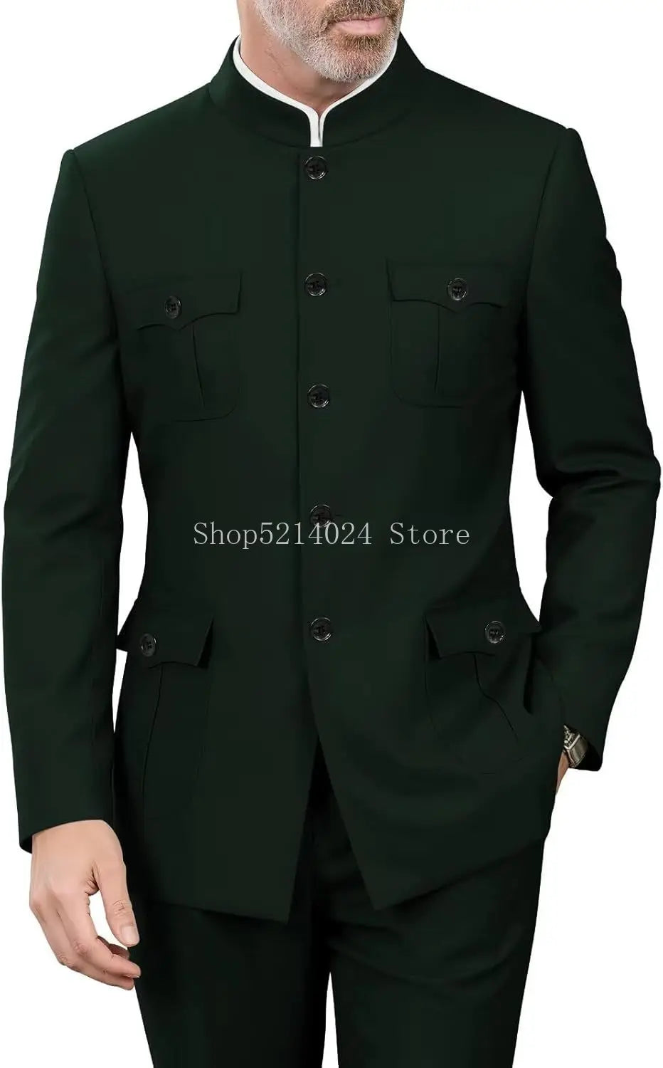 2 Pieces Mandarin Collar Safari Suits for Men Chinese  Gold Button Jacket Pant Set Wedding Prom