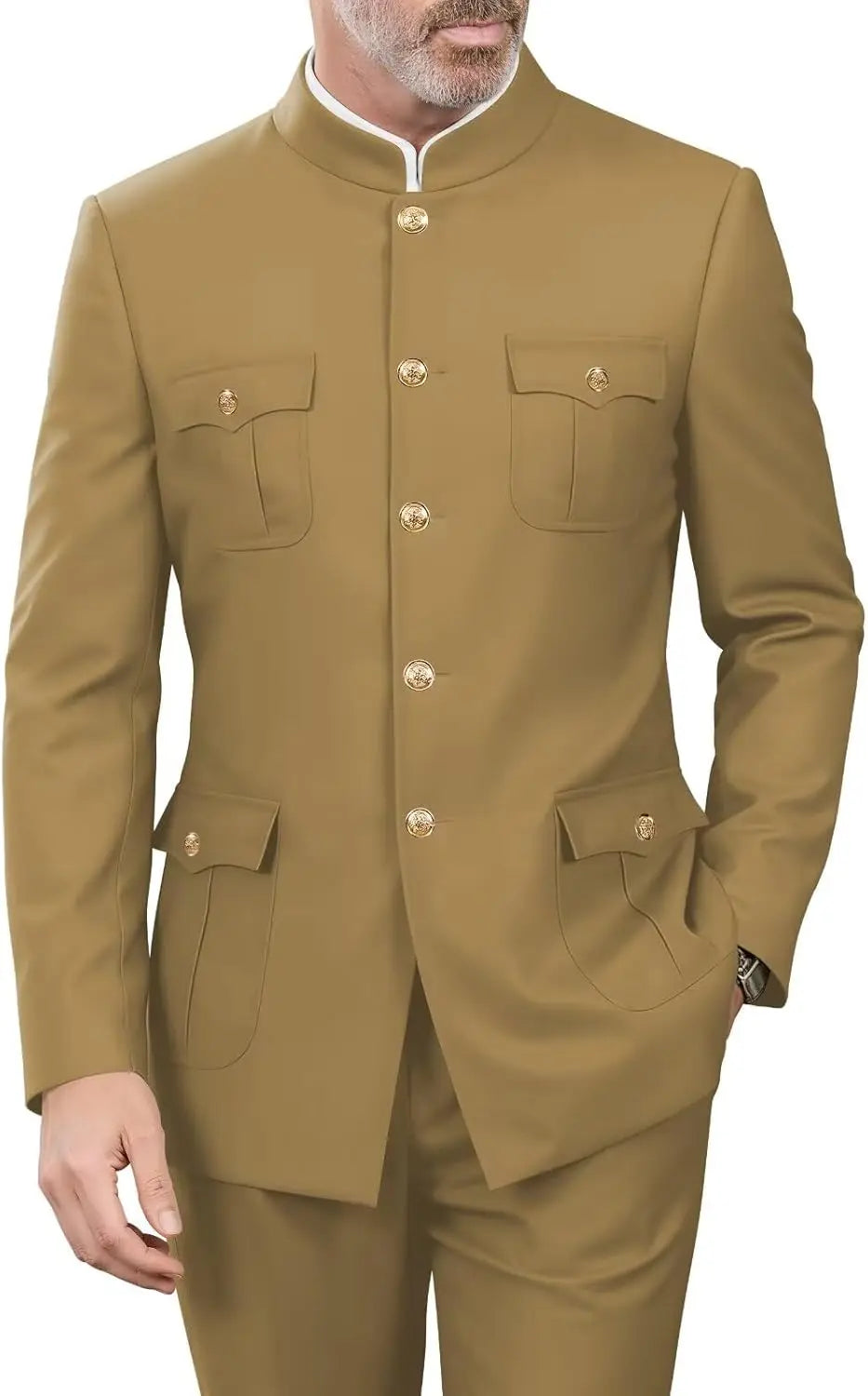 2 Pieces Mandarin Collar Safari Suits for Men Chinese  Gold Button Jacket Pant Set Wedding Prom