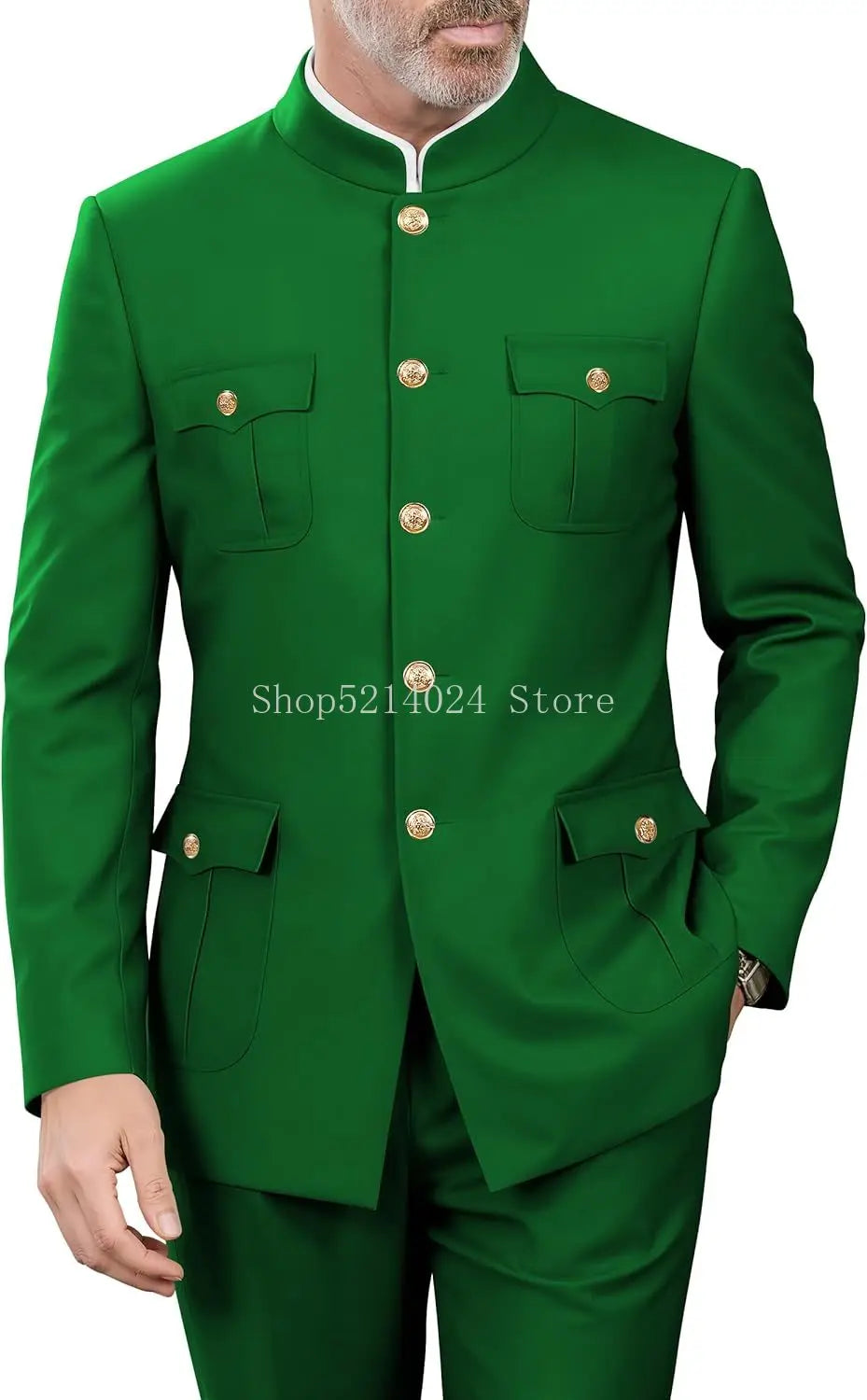 2 Pieces Mandarin Collar Safari Suits for Men Chinese  Gold Button Jacket Pant Set Wedding Prom