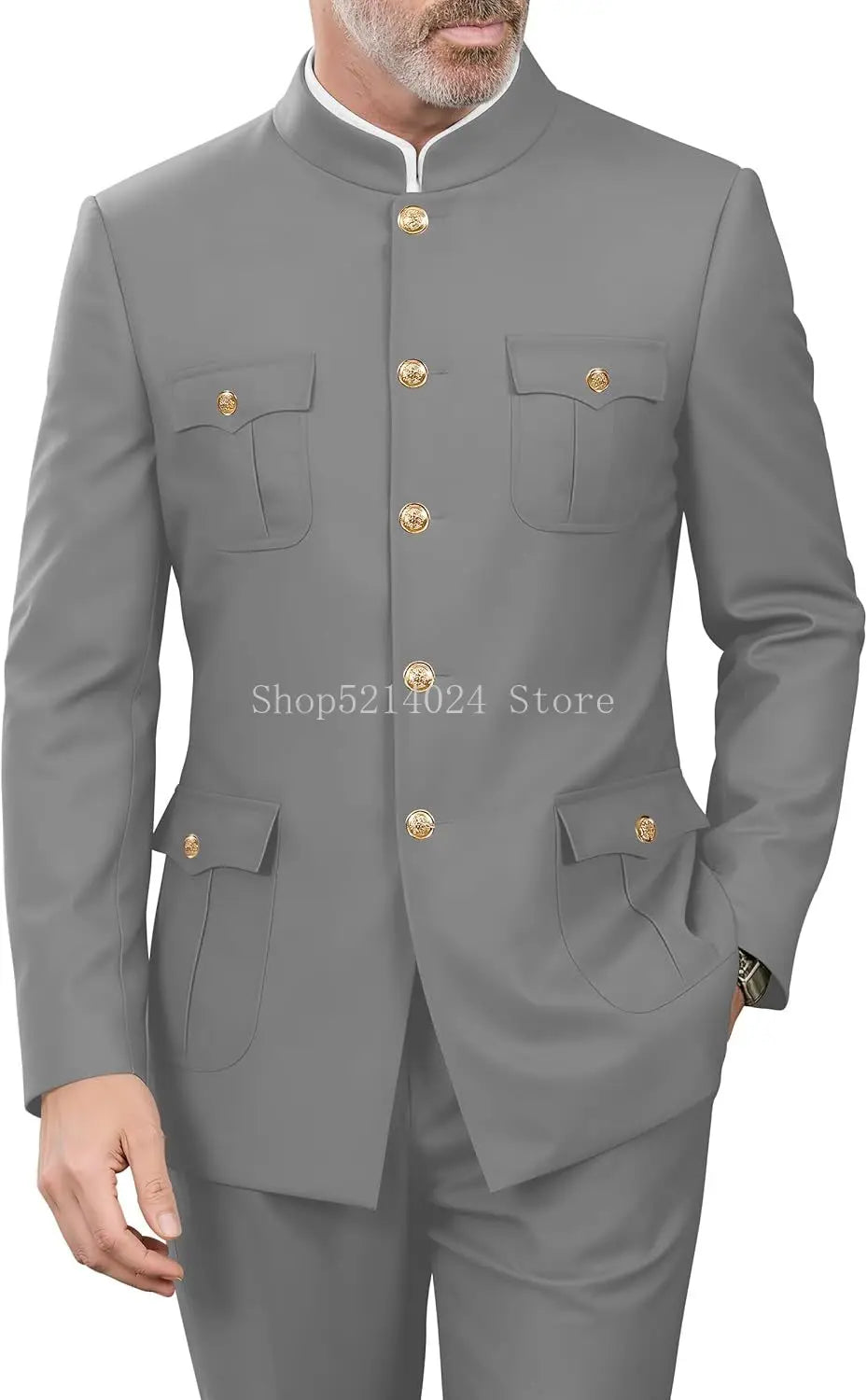 2 Pieces Mandarin Collar Safari Suits for Men Chinese  Gold Button Jacket Pant Set Wedding Prom
