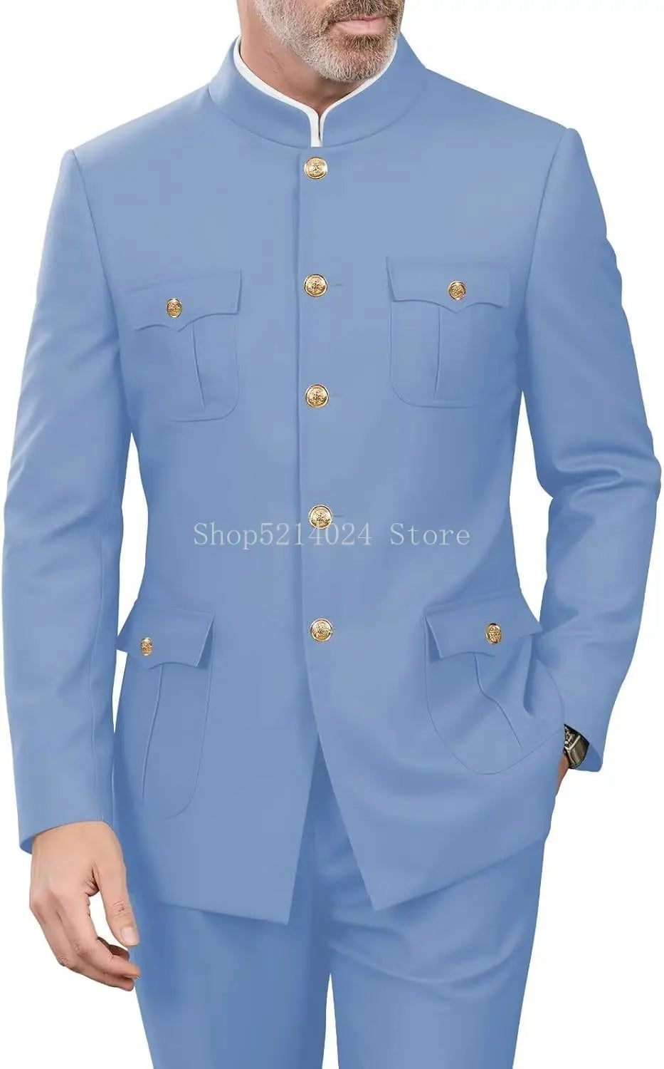 2 Pieces Mandarin Collar Safari Suits for Men Chinese  Gold Button Jacket Pant Set Wedding Prom