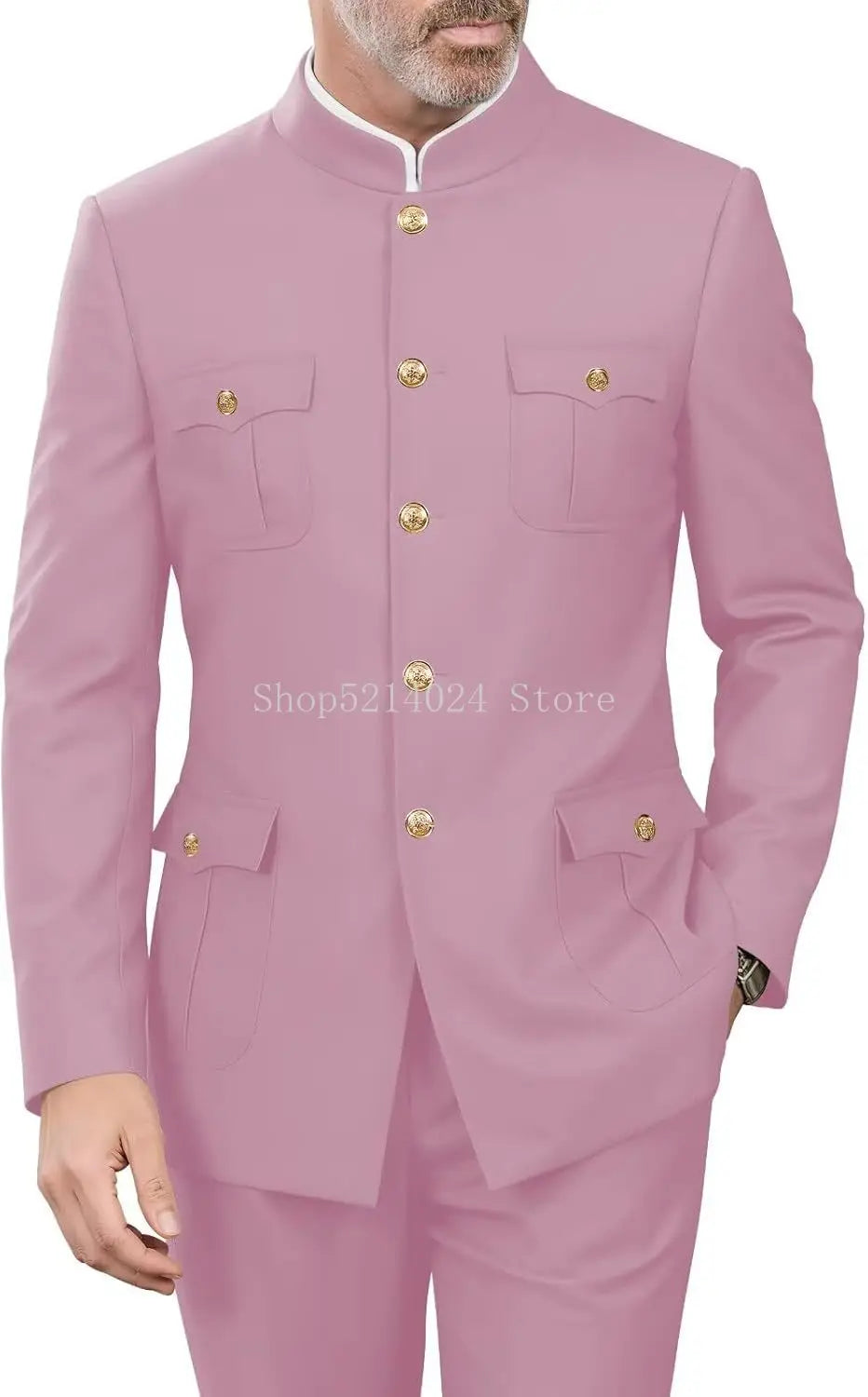2 Pieces Mandarin Collar Safari Suits for Men Chinese  Gold Button Jacket Pant Set Wedding Prom