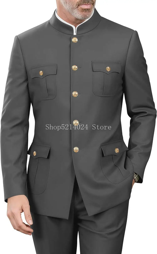 2 Pieces Mandarin Collar Safari Suits for Men Chinese  Gold Button Jacket Pant Set Wedding Prom