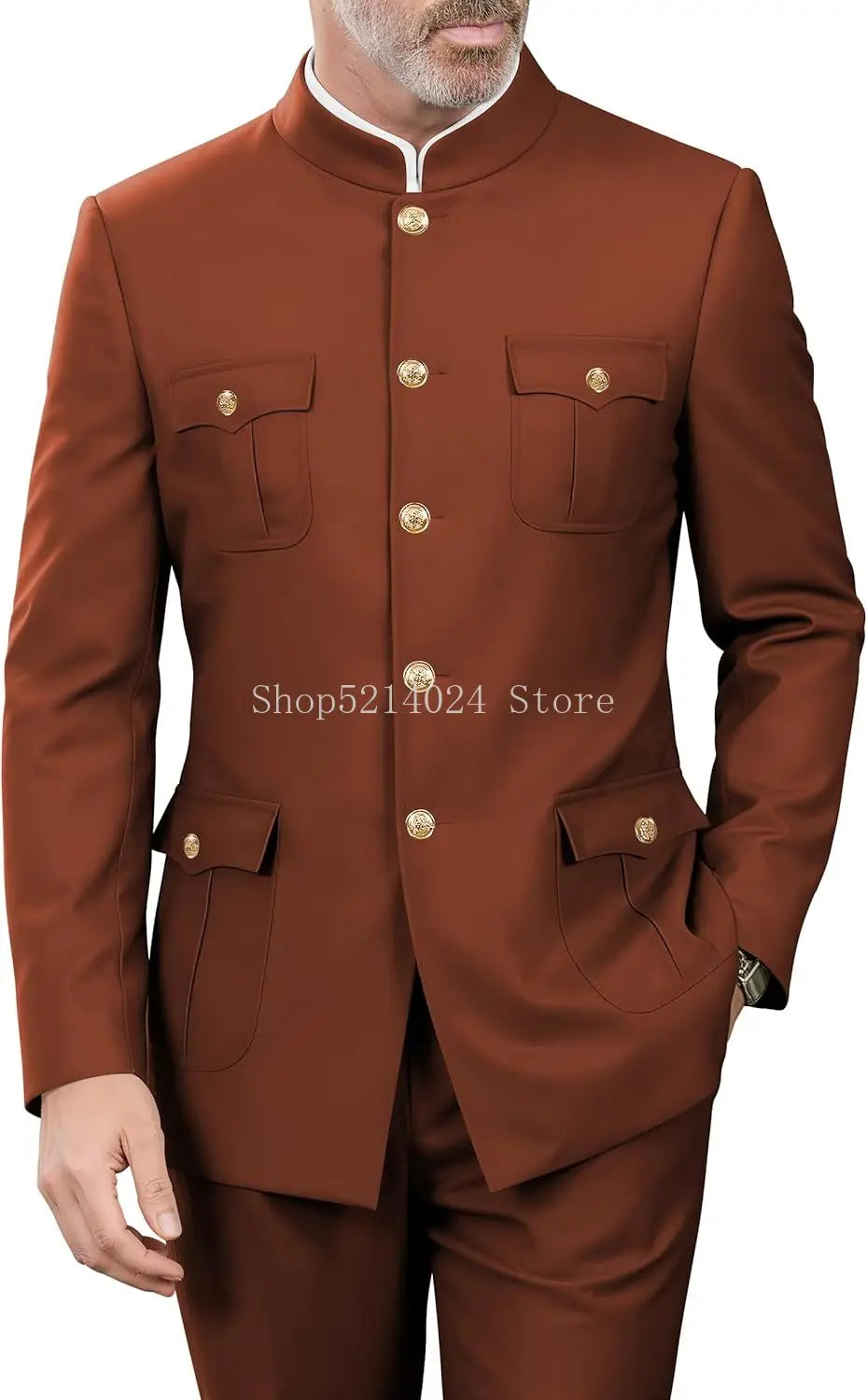2 Pieces Mandarin Collar Safari Suits for Men Chinese  Gold Button Jacket Pant Set Wedding Prom