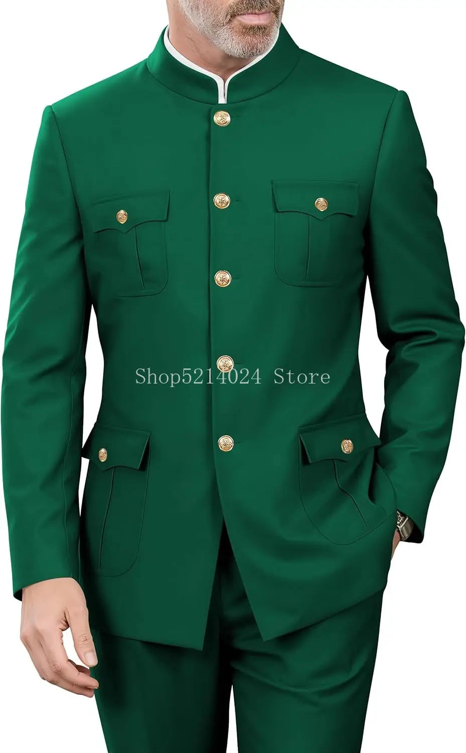 2 Pieces Mandarin Collar Safari Suits for Men Chinese  Gold Button Jacket Pant Set Wedding Prom