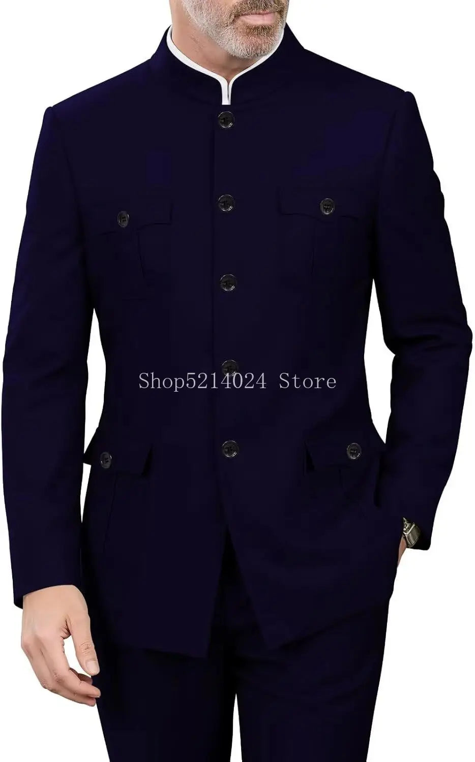2 Pieces Mandarin Collar Safari Suits for Men Chinese  Gold Button Jacket Pant Set Wedding Prom