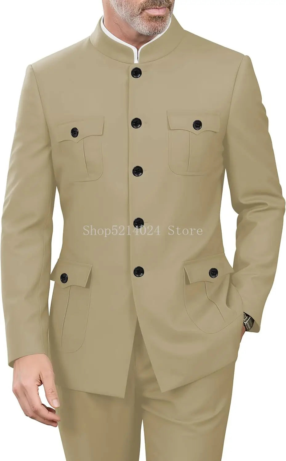 2 Pieces Mandarin Collar Safari Suits for Men Chinese  Gold Button Jacket Pant Set Wedding Prom