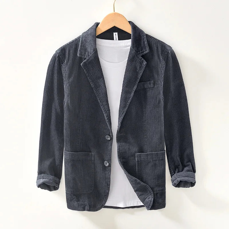 Autumn Casual Blazers for Men Daily Commute Suit Male Pure Cotton Corduroy Gray Single Breasted Suit Jackets Man Simle Coats