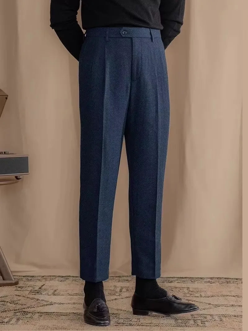 Italian Vintage Suit Pant For Men Autumn Winter Wool Herringbone Pattern Straight Trousers British Style Business Casual Pants