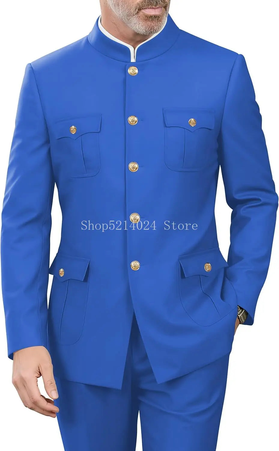 2 Pieces Mandarin Collar Safari Suits for Men Chinese  Gold Button Jacket Pant Set Wedding Prom