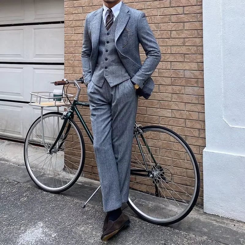 New Retro Herringbone Slim Fit Men's Suit Gentlemen's 3-piece Suit Single Breasted Handsome Autumn Winter Business Casual Formal