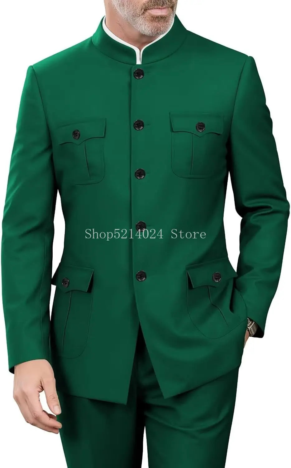 2 Pieces Mandarin Collar Safari Suits for Men Chinese  Gold Button Jacket Pant Set Wedding Prom