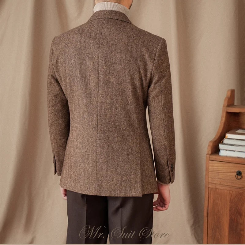 Classic Italian Men's Suit Jacket, Single Breasted, Autumn Winter Retro Warm Suit Men Herringbone Business Casual Men's Clothing