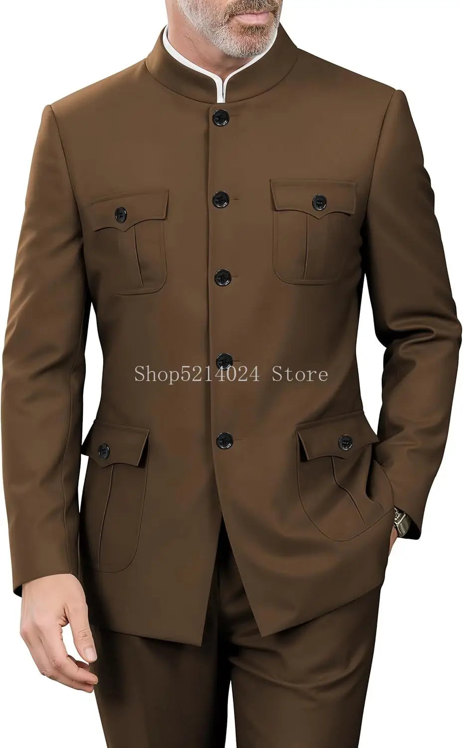 2 Pieces Mandarin Collar Safari Suits for Men Chinese  Gold Button Jacket Pant Set Wedding Prom