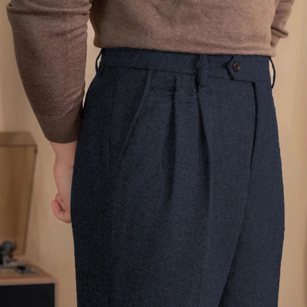 Italian Vintage Suit Pant For Men Autumn Winter Wool Herringbone Pattern Straight Trousers British Style Business Casual Pants