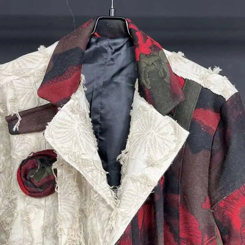 PFHQ Design Silhouette Suit Jacket Autumn 2024 New Loose Slimming Splicin Knitted Red Flowers Contrast Color Male Tops