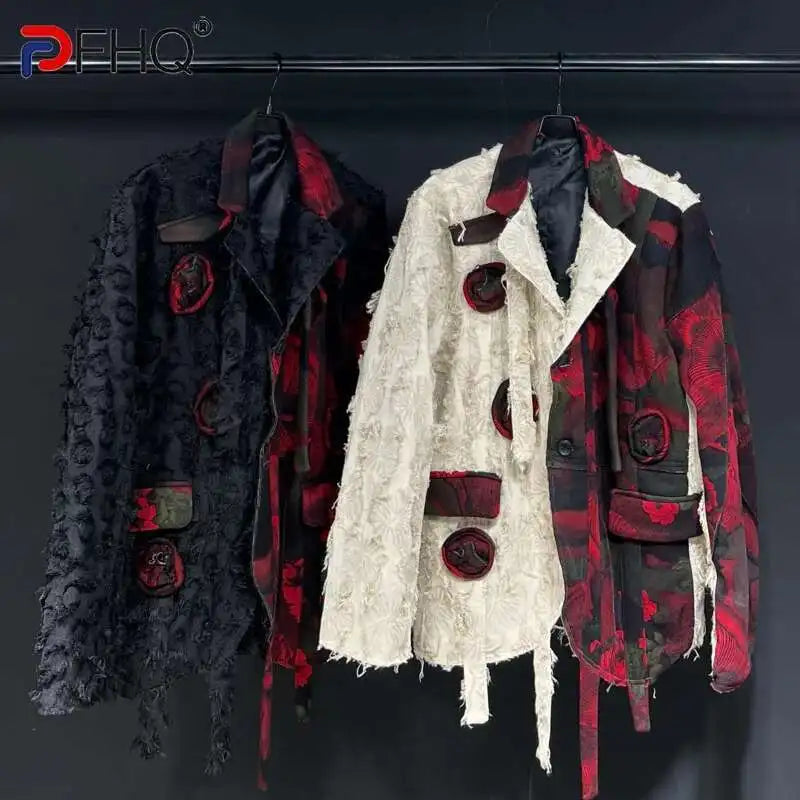 PFHQ Design Silhouette Suit Jacket Autumn 2024 New Loose Slimming Splicin Knitted Red Flowers Contrast Color Male Tops