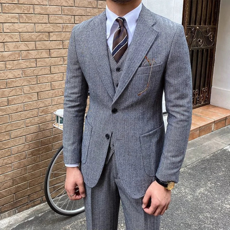 New Retro Herringbone Slim Fit Men's Suit Gentlemen's 3-piece Suit Single Breasted Handsome Autumn Winter Business Casual Formal