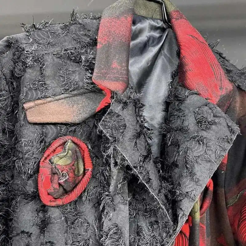 PFHQ Design Silhouette Suit Jacket Autumn 2024 New Loose Slimming Splicin Knitted Red Flowers Contrast Color Male Tops