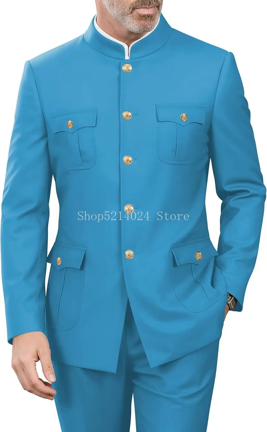2 Pieces Mandarin Collar Safari Suits for Men Chinese  Gold Button Jacket Pant Set Wedding Prom