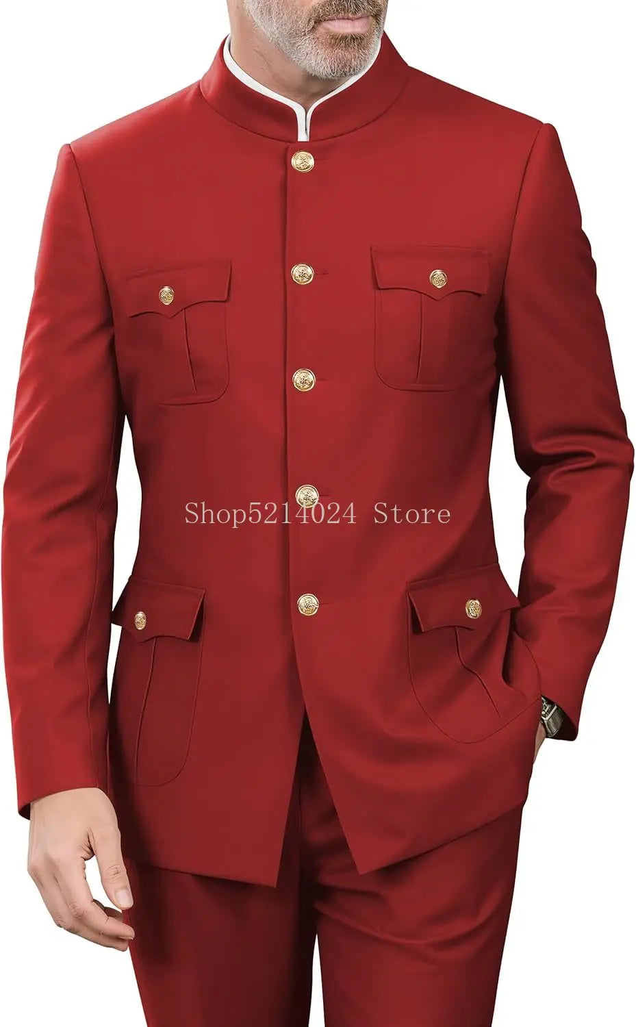 2 Pieces Mandarin Collar Safari Suits for Men Chinese  Gold Button Jacket Pant Set Wedding Prom