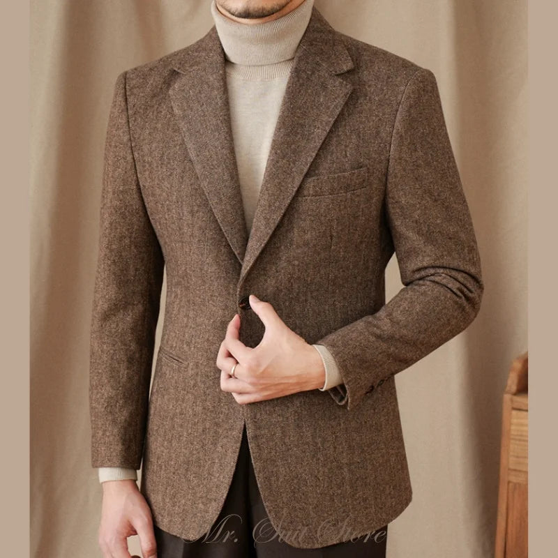 Classic Italian Men's Suit Jacket, Single Breasted, Autumn Winter Retro Warm Suit Men Herringbone Business Casual Men's Clothing