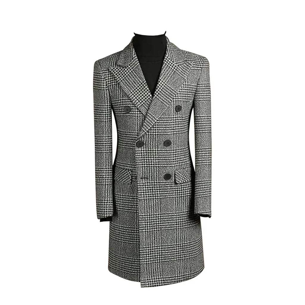 Autumn Winter Houndstooth Men's Long Coat Double Breasted Classic Jacket for Wedding Formal Blazers Groom Business Tuxedos