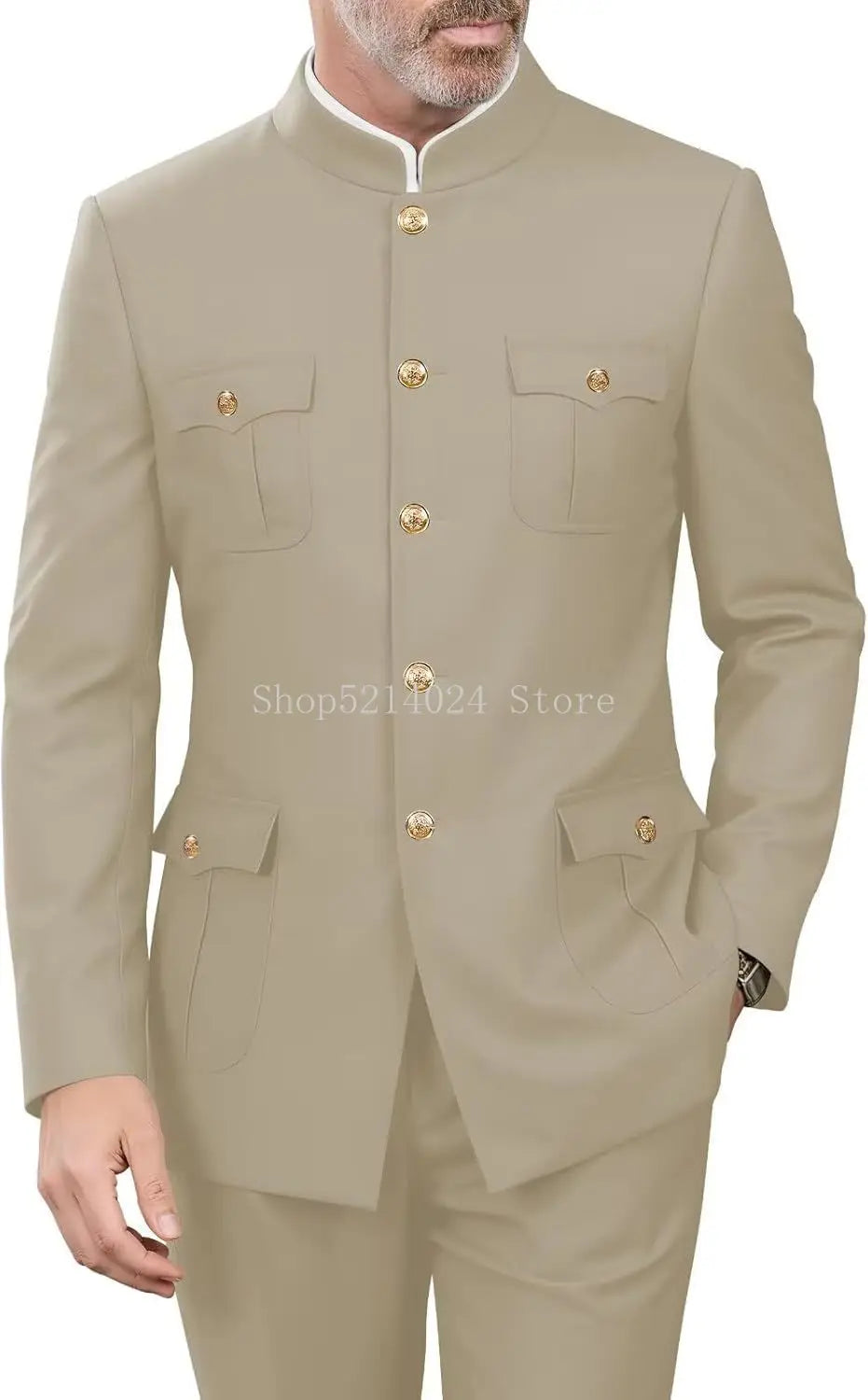 2 Pieces Mandarin Collar Safari Suits for Men Chinese  Gold Button Jacket Pant Set Wedding Prom