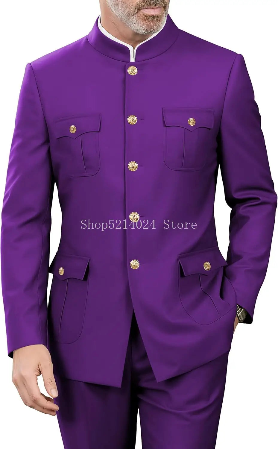2 Pieces Mandarin Collar Safari Suits for Men Chinese  Gold Button Jacket Pant Set Wedding Prom