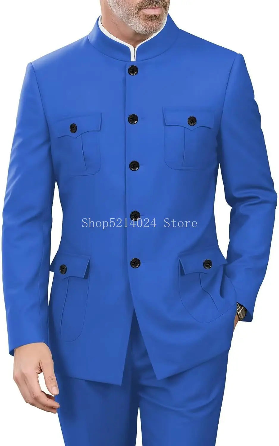 2 Pieces Mandarin Collar Safari Suits for Men Chinese  Gold Button Jacket Pant Set Wedding Prom