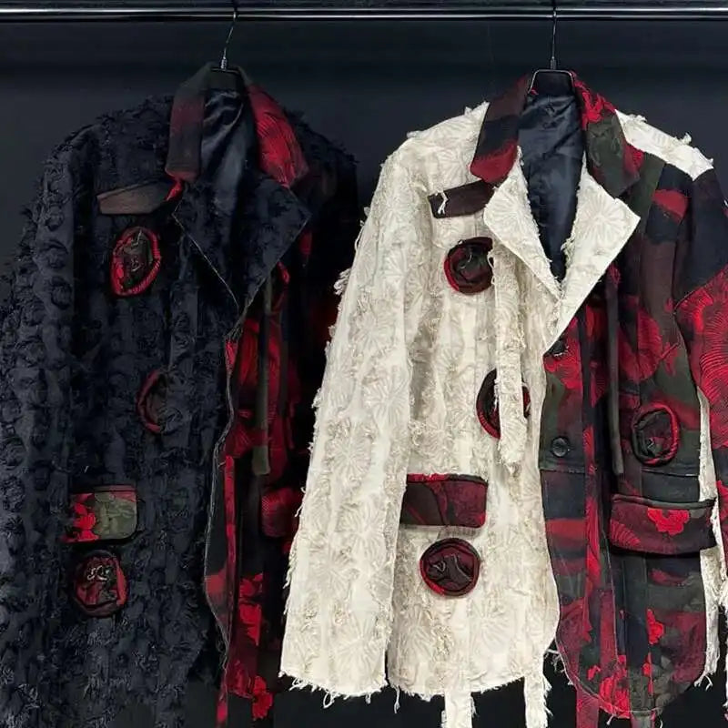 PFHQ Design Silhouette Suit Jacket Autumn 2024 New Loose Slimming Splicin Knitted Red Flowers Contrast Color Male Tops