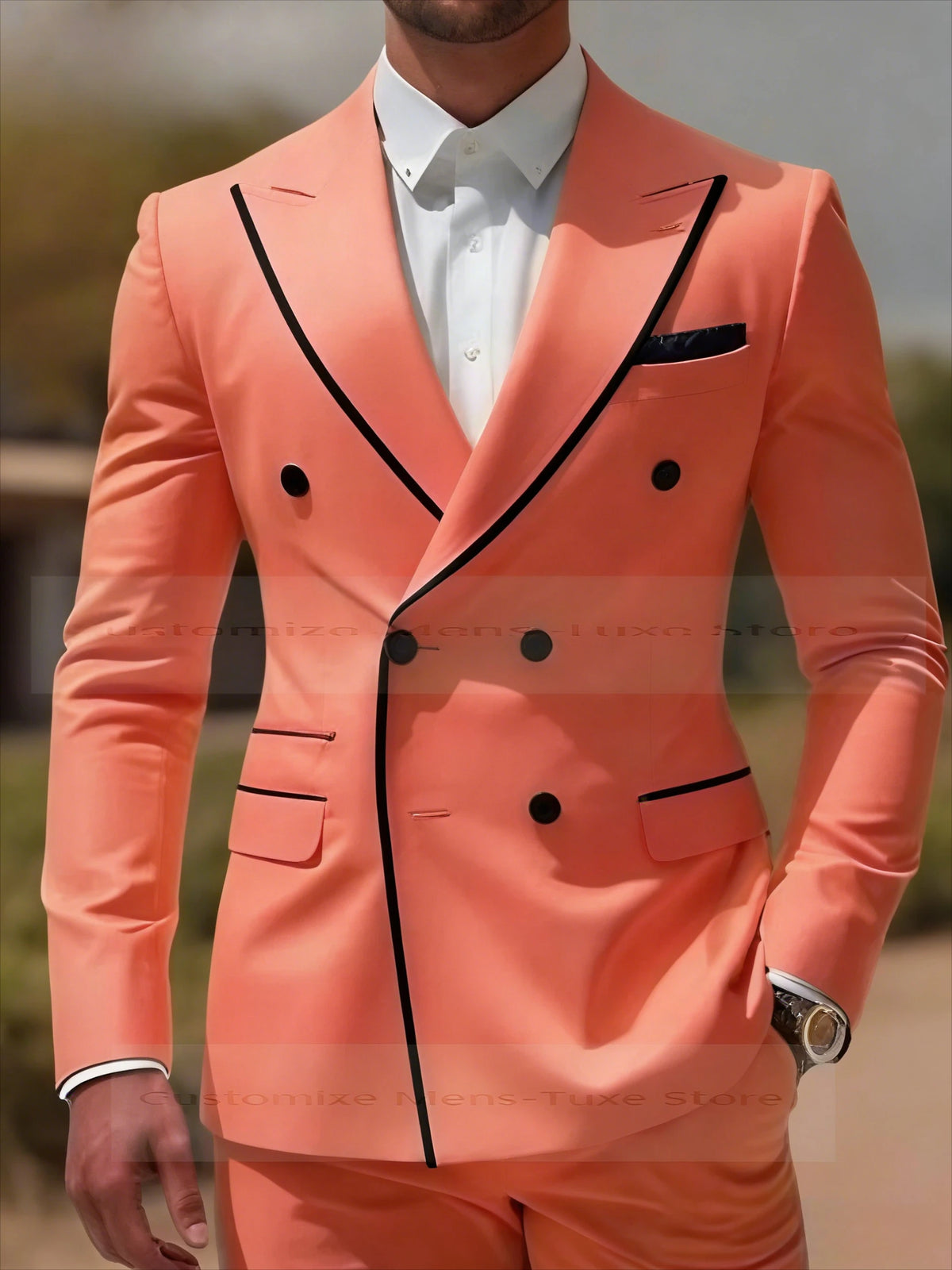 Black Collar Orange Male Business Men Suit Groom Groomsman Wedding Party Prom Formal Tuxedos 2 Piece Set Blazer Pants