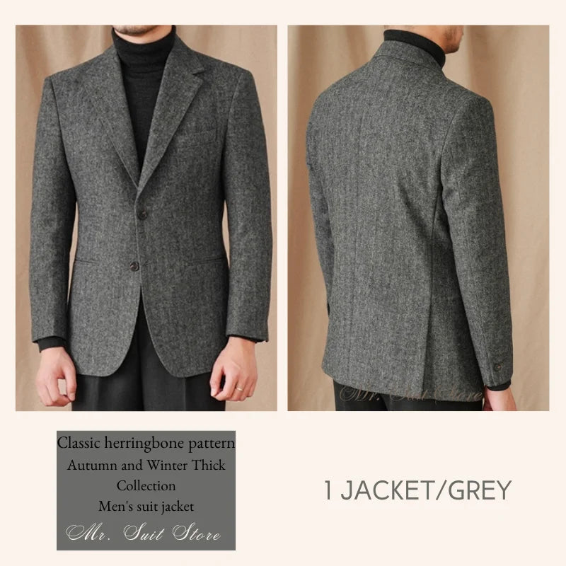 Classic Italian Men's Suit Jacket, Single Breasted, Autumn Winter Retro Warm Suit Men Herringbone Business Casual Men's Clothing