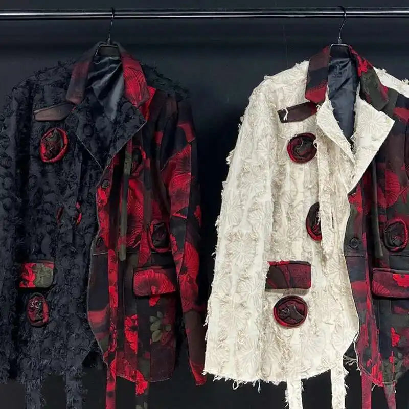 PFHQ Design Silhouette Suit Jacket Autumn 2024 New Loose Slimming Splicin Knitted Red Flowers Contrast Color Male Tops