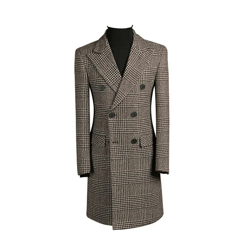Autumn Winter Houndstooth Men's Long Coat Double Breasted Classic Jacket for Wedding Formal Blazers Groom Business Tuxedos