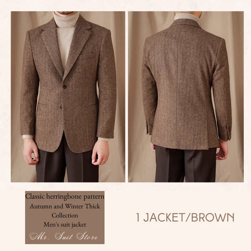 Classic Italian Men's Suit Jacket, Single Breasted, Autumn Winter Retro Warm Suit Men Herringbone Business Casual Men's Clothing