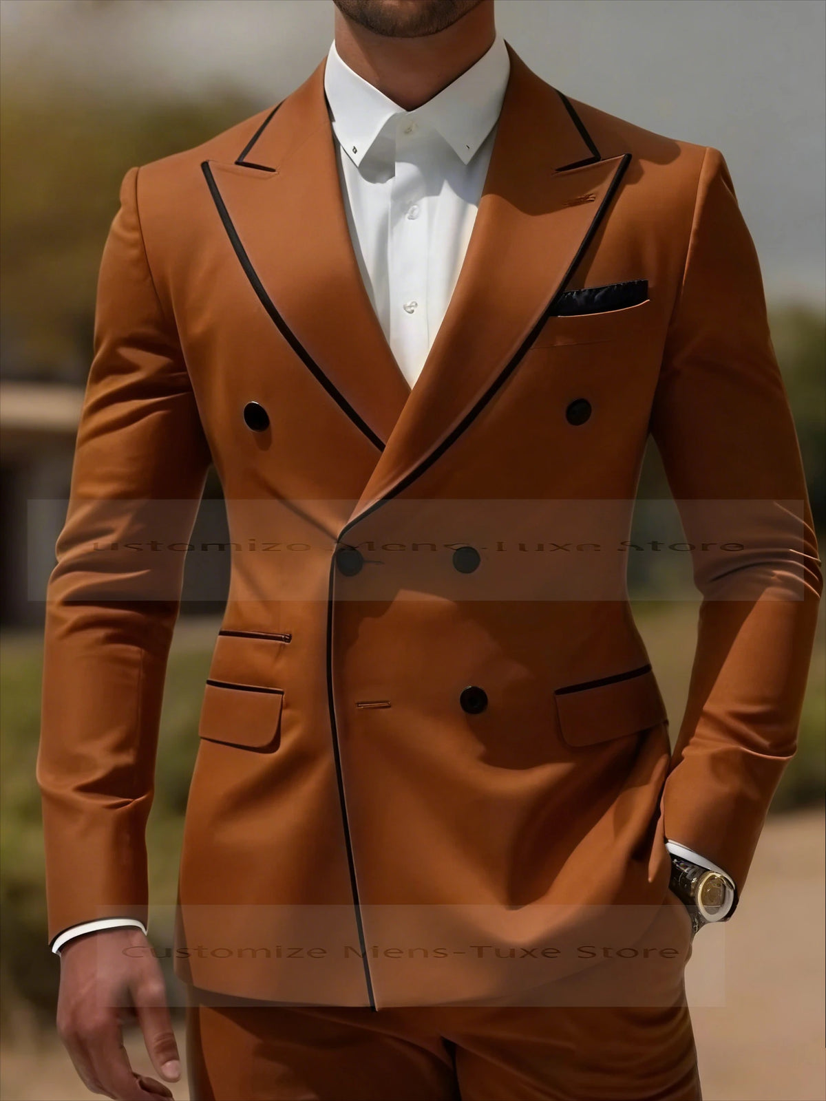 Black Collar Orange Male Business Men Suit Groom Groomsman Wedding Party Prom Formal Tuxedos 2 Piece Set Blazer Pants
