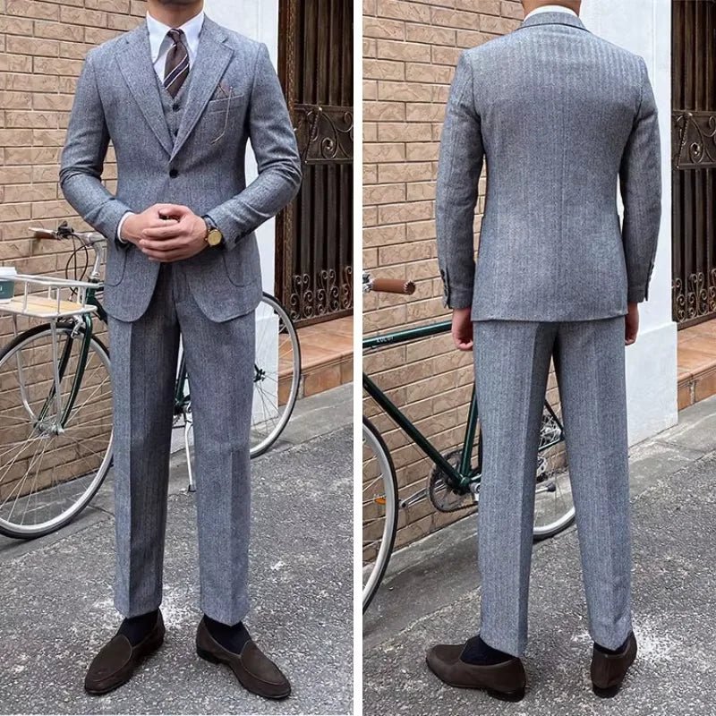 New Retro Herringbone Slim Fit Men's Suit Gentlemen's 3-piece Suit Single Breasted Handsome Autumn Winter Business Casual Formal