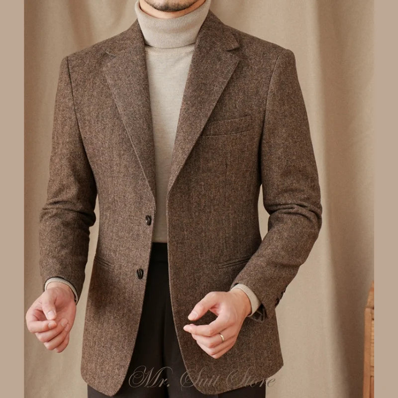 Classic Italian Men's Suit Jacket, Single Breasted, Autumn Winter Retro Warm Suit Men Herringbone Business Casual Men's Clothing